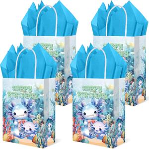 TAKEALOOKO 16 Pcs Axolotl Party Favor Bags - Axolotl Birthday Gifts Bags with Wrap Paper, Blue Cartoon Amphibian Themed Candy Goodie Bag for Kids Birthday Baby Shower Parties Supplies