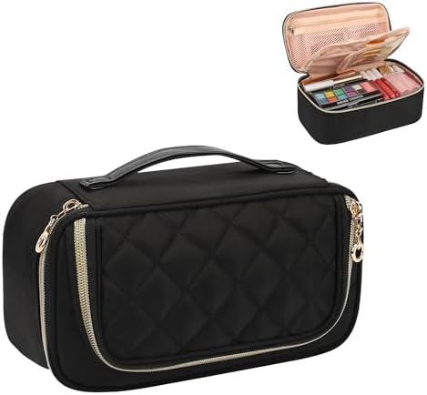 OCHEAL Small Makeup Bag with Zipper Pouch,Portable Cute Travel Makeup Bag Pouch for Women Girls Makeup Brush Organizer Cosmetics Bags with Compartment-Nylon Black