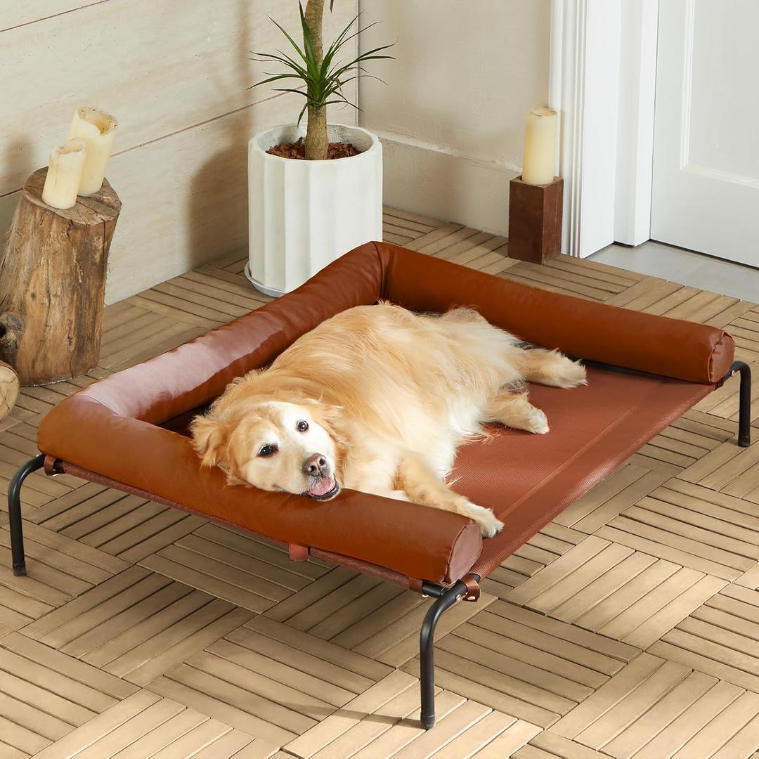 Cooling Elevated Dog Bed for Large Dogs – Waterproof Raised Dog Cot with Slope Headrest, Breathable Teslin Mesh, Durable & Portable Pet Bed for Indoor and Outdoor Use, Grey