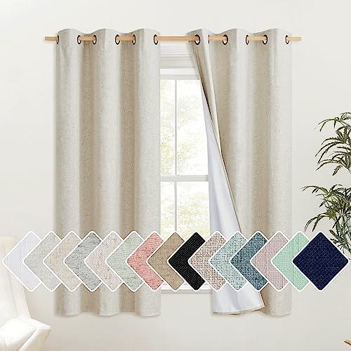 NICETOWN Natural Thick Linen Blend 100% Blackout Curtains with White Liners, Rustic Grommet Thermal Insulated Flax Textured Full Blackout Window Draperies for Bedroom (2 Panels, 42" W by 63" L)