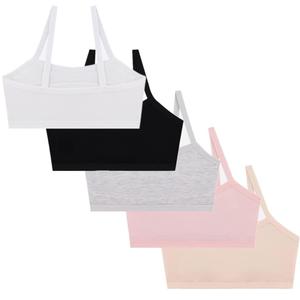 Girls' Lined Training Bra Cotton Cami Adjustable Straps for 9-14 Years (Black, Grey, White, Pink, Flesh Color, Pack of 5)