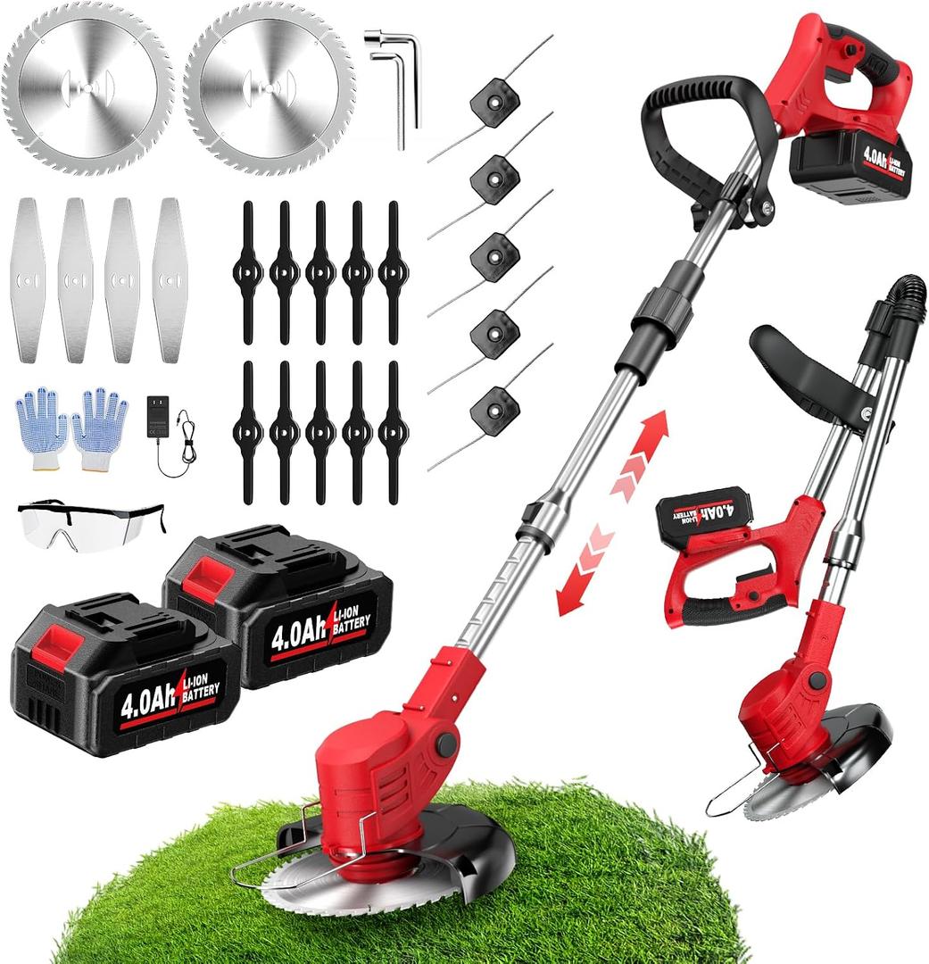 FULLYEA Electric Weed Wacker Cordless, Foldable Grass Trimmer with 2*4.0Ah Batteries & Charger, Brush Cutter Battery Powered with 3 Types Blades, Lawn Mover Lightweight Weed Eater for Lawn Yard Garden, 35.43 inches