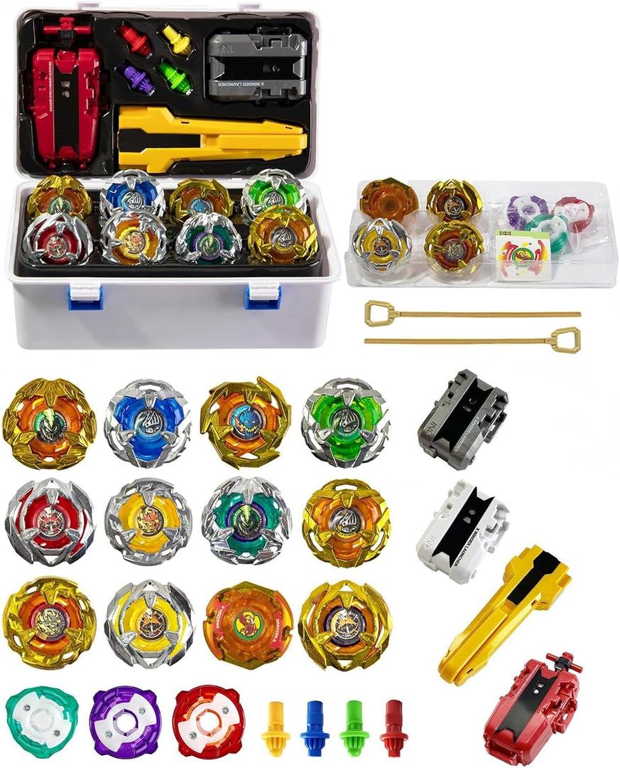 Gyro Battling Set, 12 Spinning Tops, 3 Launchers 1 Grip 3 Middle Rings and 4 Bases, with Storage Box, Kids Toys Birthday Gift Ideal for 6+ Years Old Boys,B