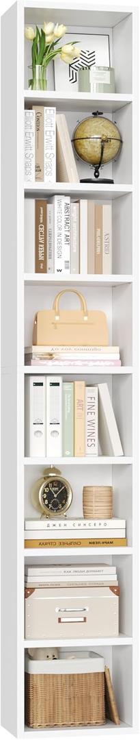 FOTOSOK White Bookshelf 8-Tier Media Tower Rack, 11.6 X 9.3 X 70.9 Inches CD DVD Slim Storage Cabinet with Adjustable Shelves, Tall Narrow Bookcase Display Bookshelf for Home Office, White
