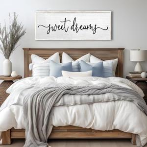 Sweet Dreams Wall Decor Above Bed Sign 40''x15'' Large Wood Framed Master Bedroom Guest Room Sweet Dreams Signs Farmhouse Rustic Wall Art Decoration (White)