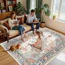 RELEANY Area Rugs' Washable Non-Slip, Floral Vintage Distress Print Pattern Medallion Carpet for Living Room Bedroom Dining Room, Beige Navy Blue Orange Colorful, 6' x 9' Rectangular