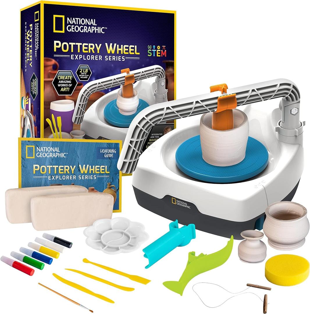 NATIONAL GEOGRAPHIC Pottery Wheel for Kids Complete Pottery Kit for Beginners, Plug-in Motor, 2 lbs. Air Dry Clay, Sculpting Clay Tools, Apron & More, Patented Design, Craft Kit