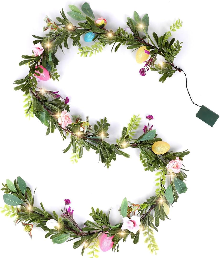 LOAVER 6 FT Lighted Easter Garland,Artificial Garland with 8 Colored Eggs and Flower Faux Branches for Easter Party Holiday Home Indoor Fireplace Decoration