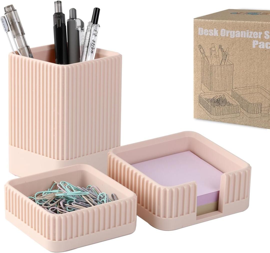 Aesthetic Desk Organizers and Accessories Set of 3 with Pen Holder,Paperclip Holder,Sticky Note Holder - Durable Plastic Pencil Holder for Office Women Men-Teacher Appreciation/Back-to-school Gift (Apricot)