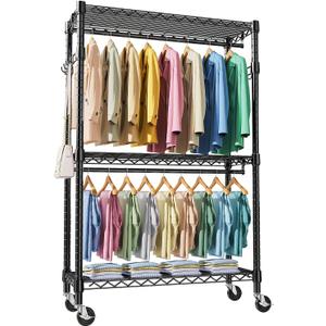 Heavy Duty Rolling Garment Rack 3 Tiers Adjustable Wire Shelving Clothes Rack with 2 Rods and Side Hooks, Storage Closet Clothing Rack with Wheels Black 17.7" D x 47.2" W x 83.6" H