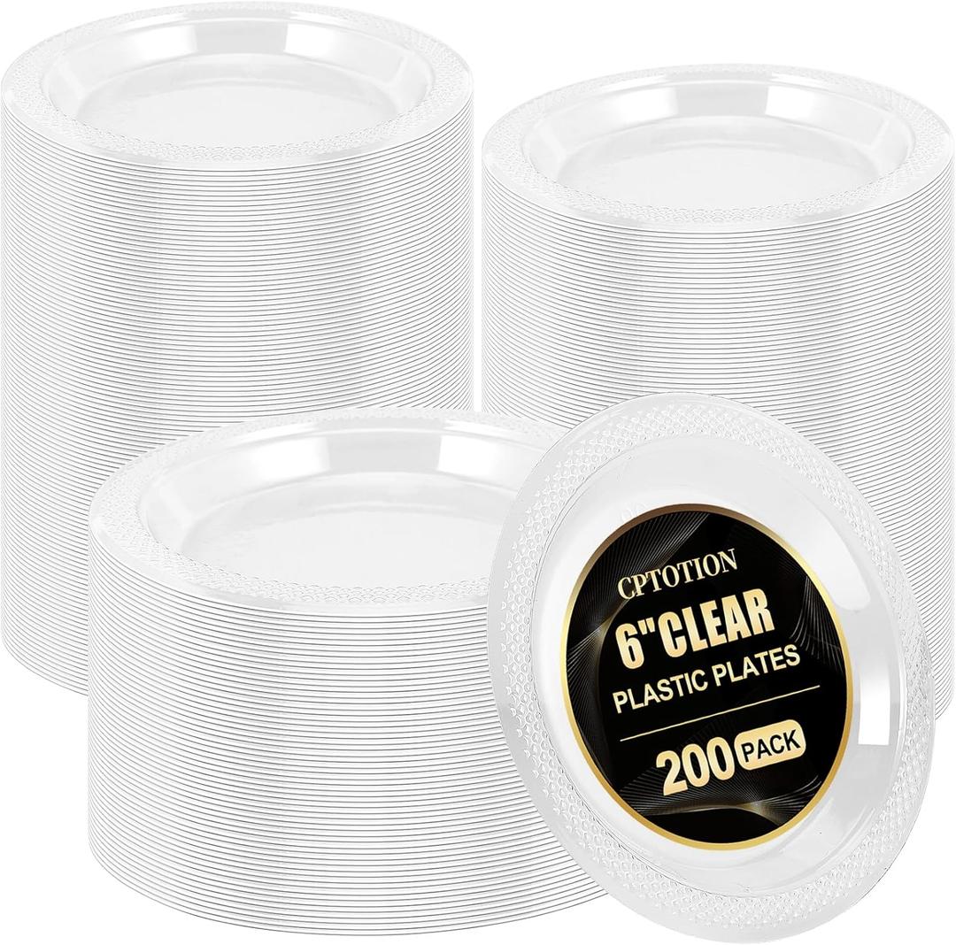200 Pack 6 Inch Clear Plastic Dessert Plates - Disposable Round Appetizer and Small Cake Plates for Party, Dinner, Wedding, Catering, Birthday