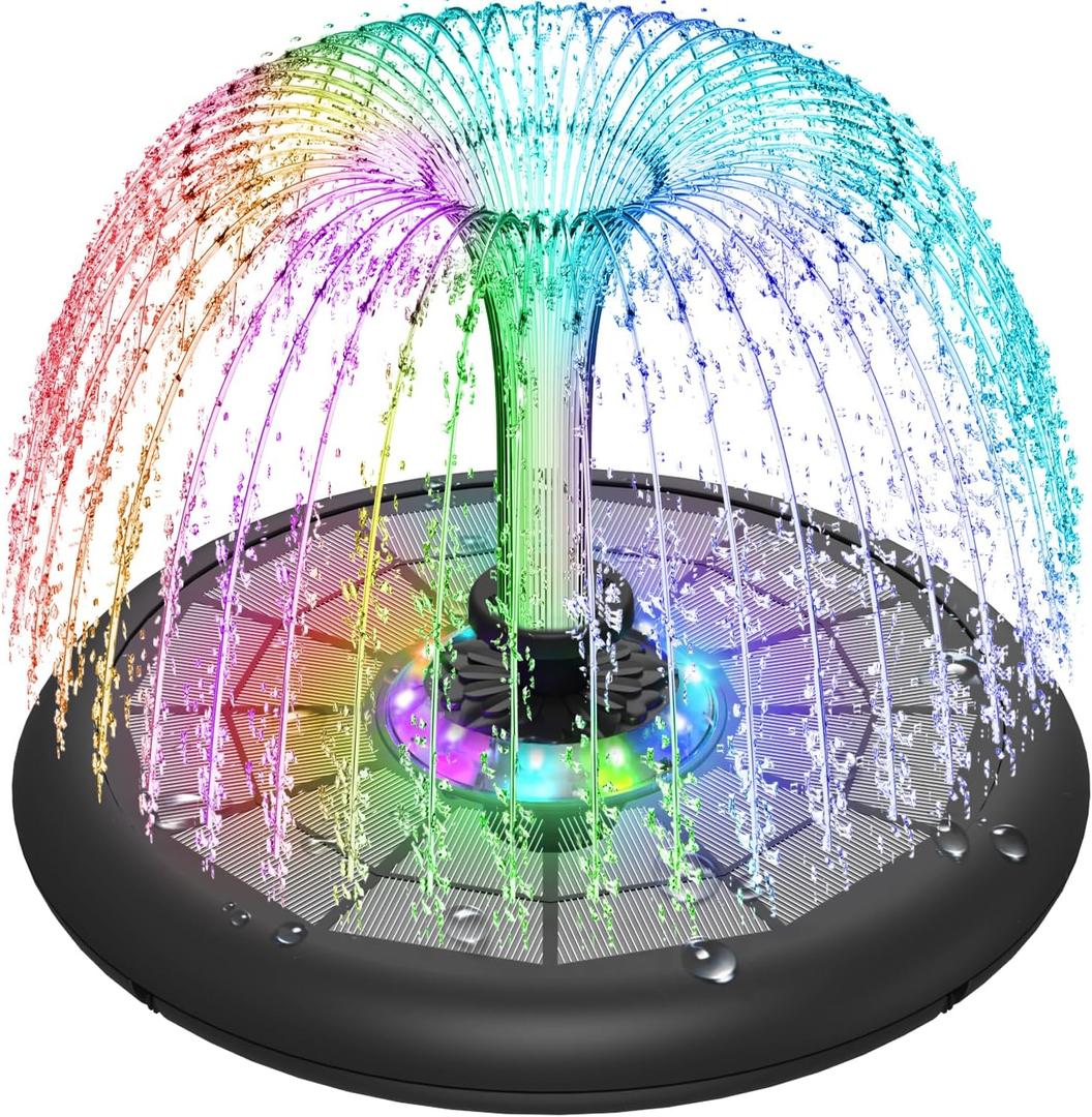 Solar Fountain UFO Style, 2025 Upgrade 5W Glass Panel Solar Water Fountain, Outdoor Solar Bird Bath Fountains with 4000mAh Battery, Color Led Lights, 7 Nozzles for Garden, Pool, and Koi Pond