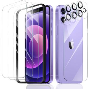 3+3+1+1-Pack, Screen Protector and Camera Lens Protector for iPhone 12 with Back Tempered Glass Film & Installation Alignment Aid, Tempered Glass Film, HD Protection, 9H Hardness