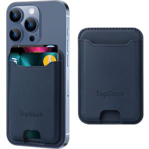 TopMade Phone Card Holder, Premium Leather Phone Wallet Stick on, Stronger 3M Adhesive Credit Card Holder for Back of Phone Case, iPhone, Samsung, and Android, RFID Blocking, Fit 4 Cards, Blue