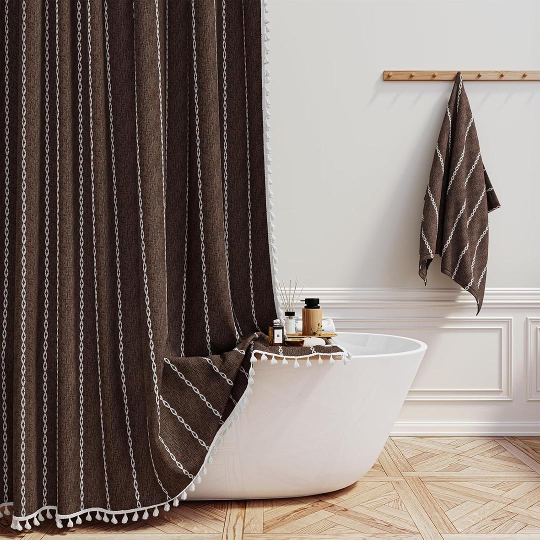 BTTN Extra Long Shower Curtain, 72x96 Inch Boho Rustic Striped Fabric Shower Curtain Set with Tassel, Water Repellent, Tall Bohemian Shabby Chic Farmhouse Shower Curtain for Bathroom with Hooks, Brown