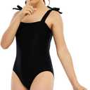 Teen Girls' Swimsuits One Piece Kids UPF 50+ Sun Protection Bathing Suits with Chest Pads Cute Girl Piece (Black, M)