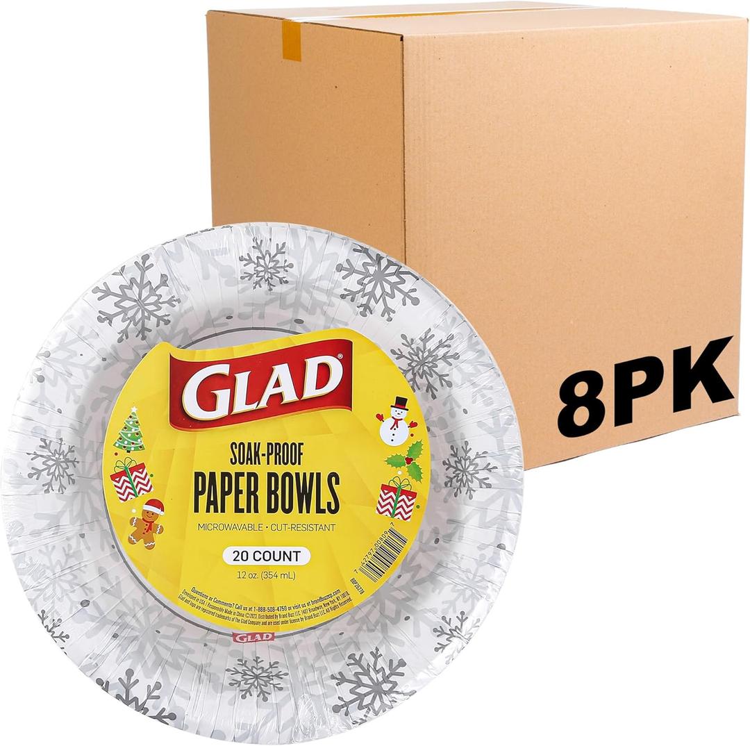 Glad Everyday Disposable Paper Bowls, Holiday Gray Snowflake Design - Heavy Duty, Microwavable Bowl - Grey Snowflakes - 12 Ounces, 20 Count - 8 Pack