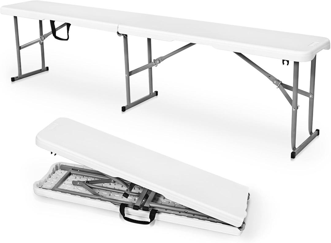 Byliable Folding Bench 6 Foot, Plastic Folding Bench Seat Portable Foldable Picnic Party Camping Dining Seat, White Garden Multipurpose Entertaining Activities