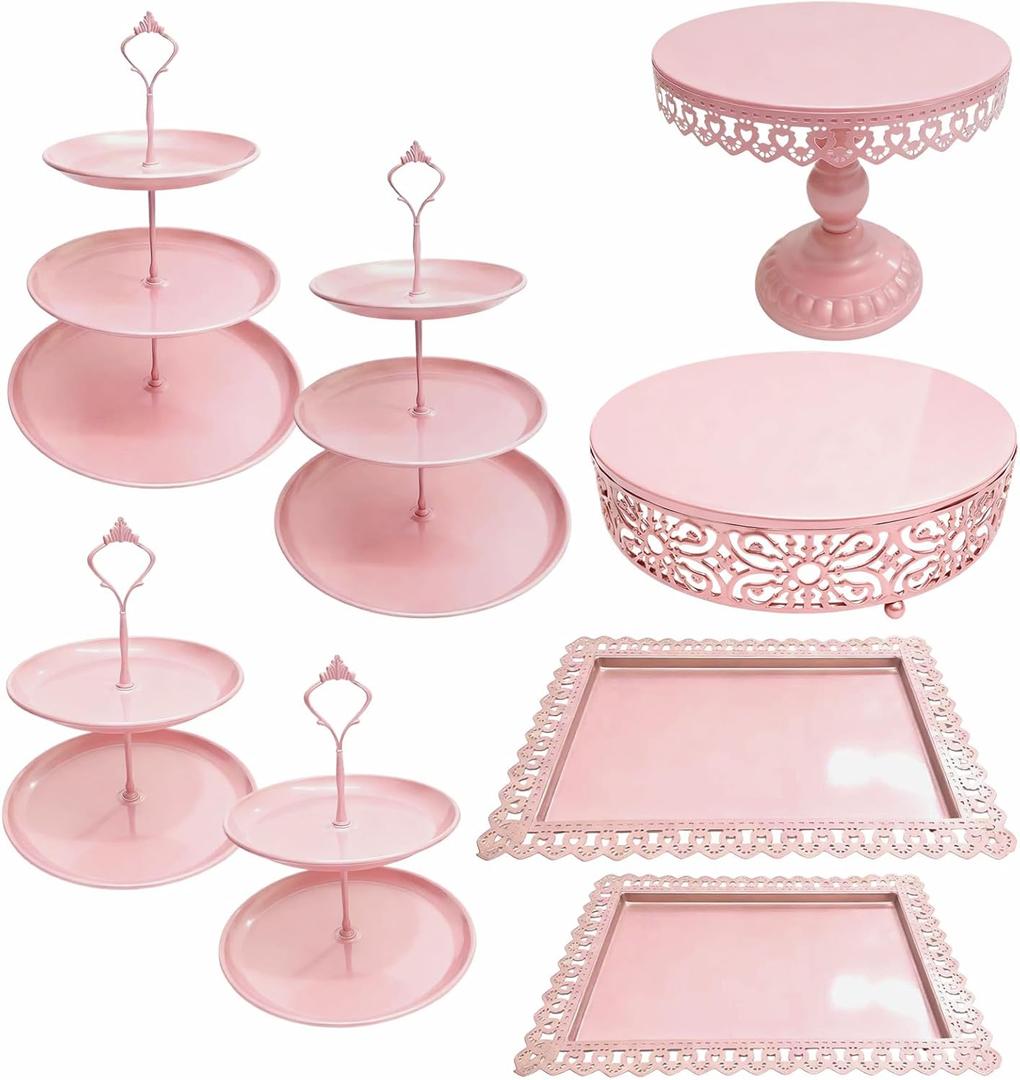 8 Pcs Cake Stands Set Metal Dessert Table Display Tiered Cupcake Holder Candy Donut Fruit Plate Cake Serving Tray Candlestick Display Treats Serving Tower for Wedding Birthday Party Decor (Pink)