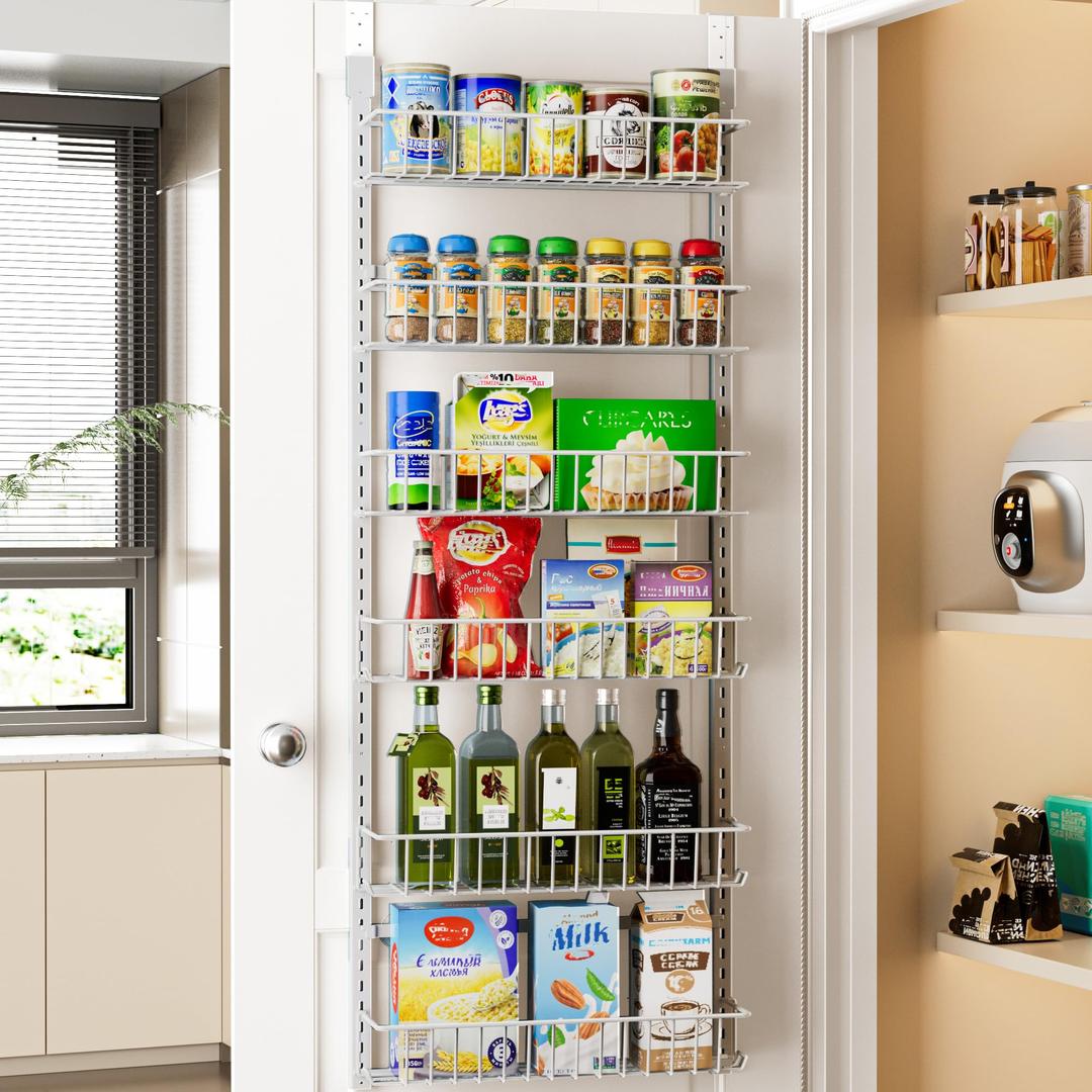 Delamu Adjustable Cabinet Door Organizer, 6Tier Hanging Spice Rack Organizer, Metal Over the Door Pantry Organizer, Pantry Organizers and Storage Shelves for Kitchen Bathroom Laundry Room, White M