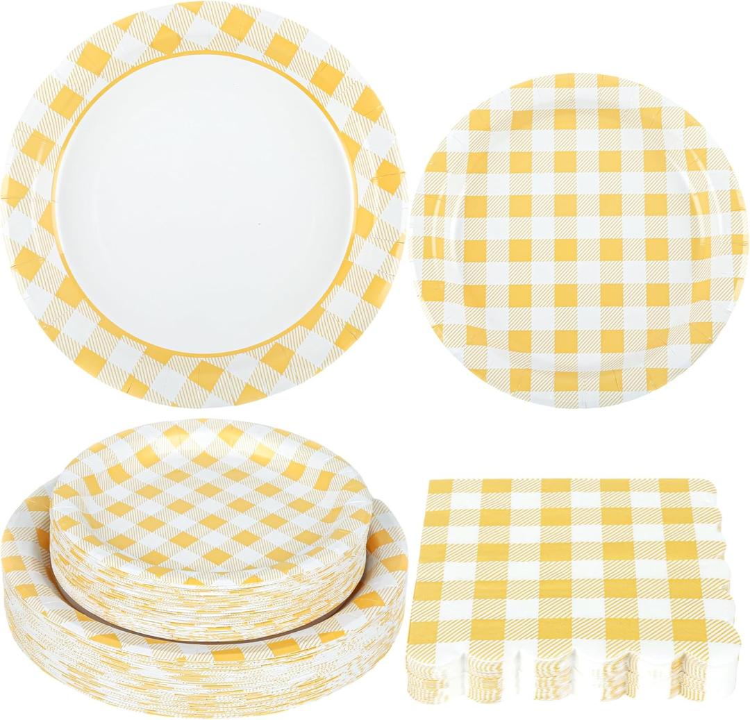 150Pcs Yellow Gingham Party Supplies Gingham Paper Plates and Napkins Checkered Plates Disposable Yellow and White Plaid Party Decor for Birthday Family Picnic BBQ,Serves 50 Guests