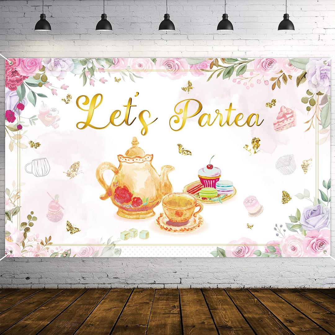 Let's Partea Backdrop Banner Floral Tea Party Decorations Supplies for Pink and Gold Bridal Shower Baby Shower Wedding Birthday Party Photography Background Photo Studio Props 5.9 ft x 3.6 ft