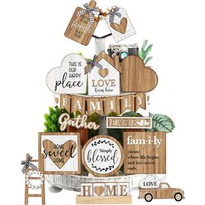 Yaomiao 21 Pcs Farmhouse Tiered Tray Decor Set Rustic Farmhouse Wood Decor Sign Vintage Rustic Family Gather Blessed Tiered Tray This is Our Happy Place Tabletop Sign for Home Kitchen Table Shelf