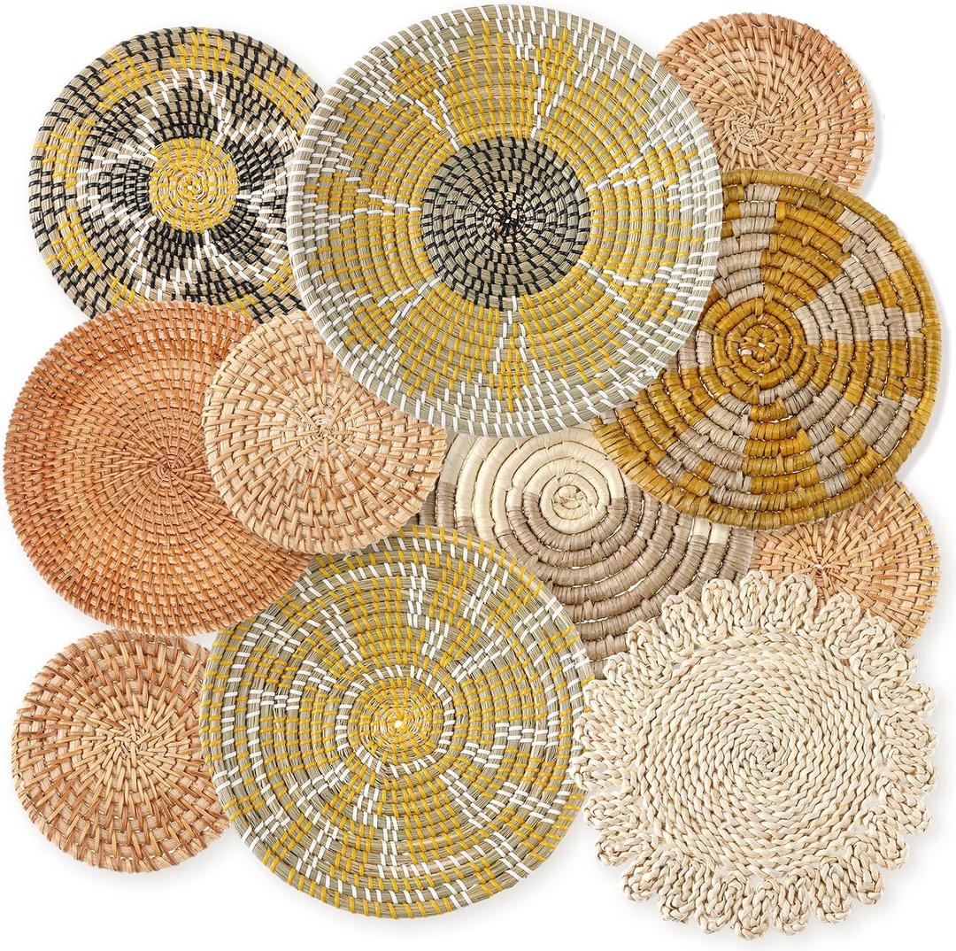 Tatuo 11 Pcs Boho Wall Basket Decor Decorative Bulrush Woven Basket Wall Decor Art Round Farmhouse Hanging Baskets for Kitchen Rustic Home Summer Decorations, Multi Sizes (Lively)