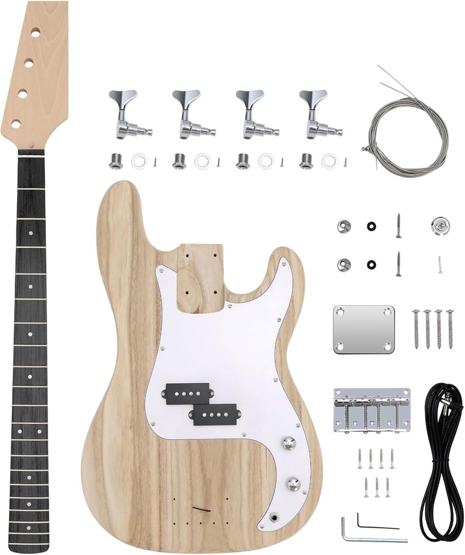 DIY Bass Guitar Kit 4 String Beginner Kits PB Bass Style Right Handed with Paulownia Body Hard Maple Neck Engineered Wood Fretboard Chrome Hardware Build Your Own Bass Guitar.