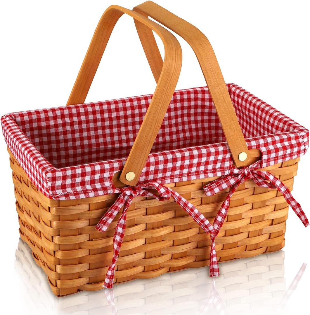 Yesland Picnic Basket, Natural Woven Basket with Double Folding Handles, Woodchip Basket & Organizer Blanket Storage for Egg Gathering, Wedding, Candy Gift & Toy (13 x 8 x 6-1/4 Inches)