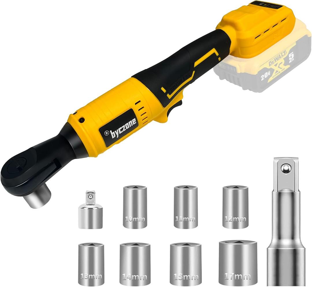 1/2 Inch Cordless Ratchet Wrench Compatible with DeWalt 20V Max Battery, 74FtLbs (100N.m) High Torque, Brushless Motor, 0400RPM Variable Speed, 7 Sockets, 1/2" to 3/8" Adapter, 3" Extension Bar