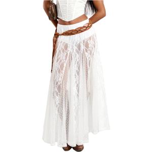 WDIRARA Women's Sexy See Through Sheer Lace Maxi Skirt Low Waist Ruffle Hem A Line Flowy Skirt (White), S