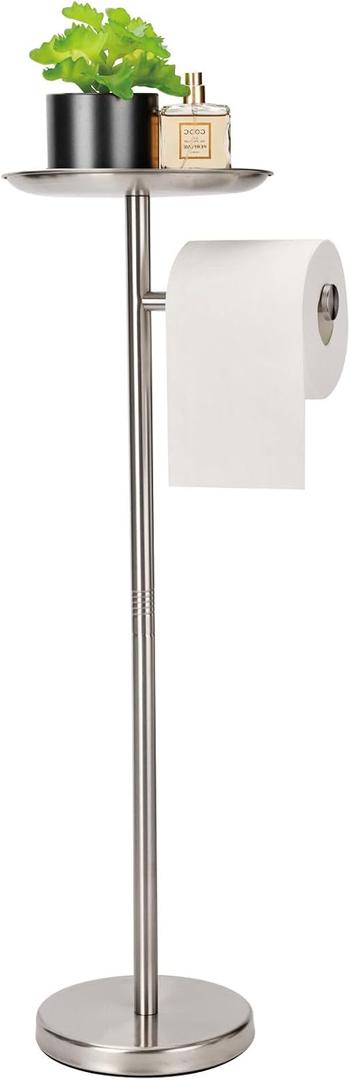 Standing Toilet Paper Holder, TP Holder with Practical Tray On Top for Phone, No Drill No Damage to Wall, Stainless Steel (Brushed Nickel) (1-Roll)