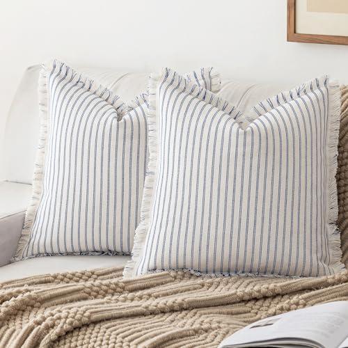 YEENAASY Striped Farmhouse Throw Pillow Covers 22X22 Set of 2 Boho Pillow Cover with Fringe Tassel Chic Cotton Decorative Pillows Modern Neutral Square Cushion Pillowcase for Sofa Couch Bed, Blue