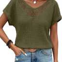 Dokotoo Women's Casual 2026 Waffle Knit Hollow Out Lace Tops Short Sleeve V Neck Loose Fit Shirts Blouses (Green, M)