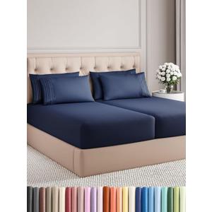 Split King 7 Piece Sheet Set - Comfy Breathable & Cooling - Soft Hotel Luxury Bedding Set with 8-16 Inch Deep Pockets - 1 Flat & 2 Fitted Sheet & 4 Pillowcases - Wrinkle Free & Easy Care - Navy Blue
