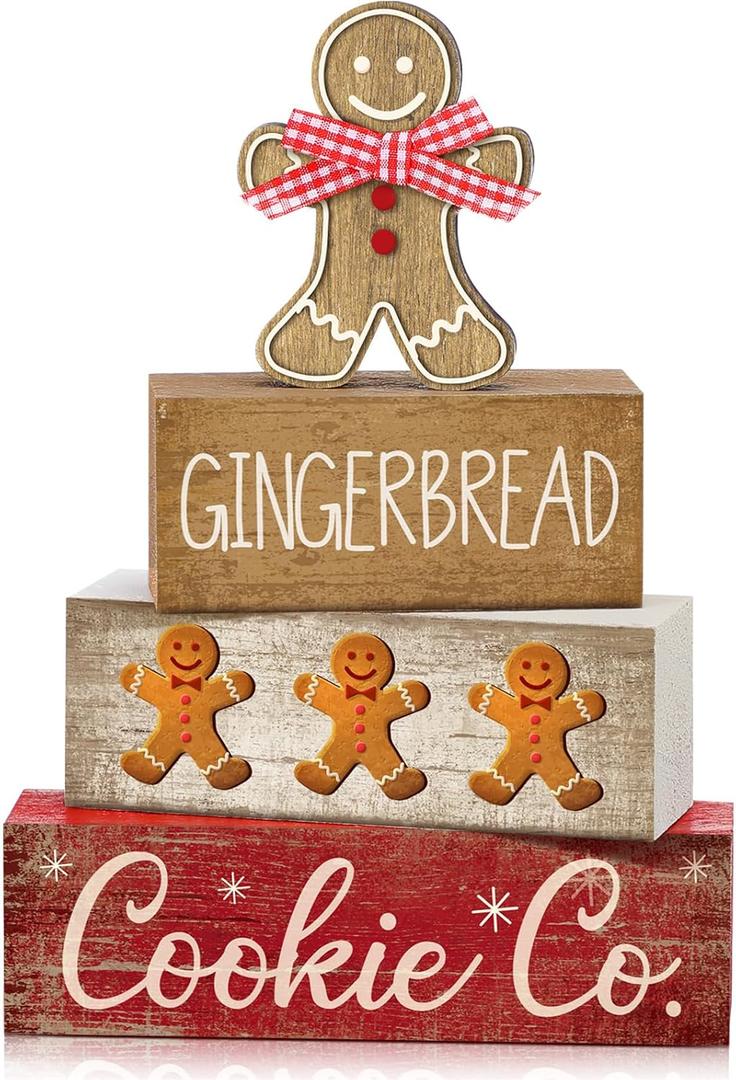 4 Pcs Christmas Table Decor Gingerbread Man Decoration Christmas Centerpiece Winter Tiered Tray Decor Rustic Gingerbread Block Signs Gift Winter Table Decoration for Xmas Party Kitchen Home