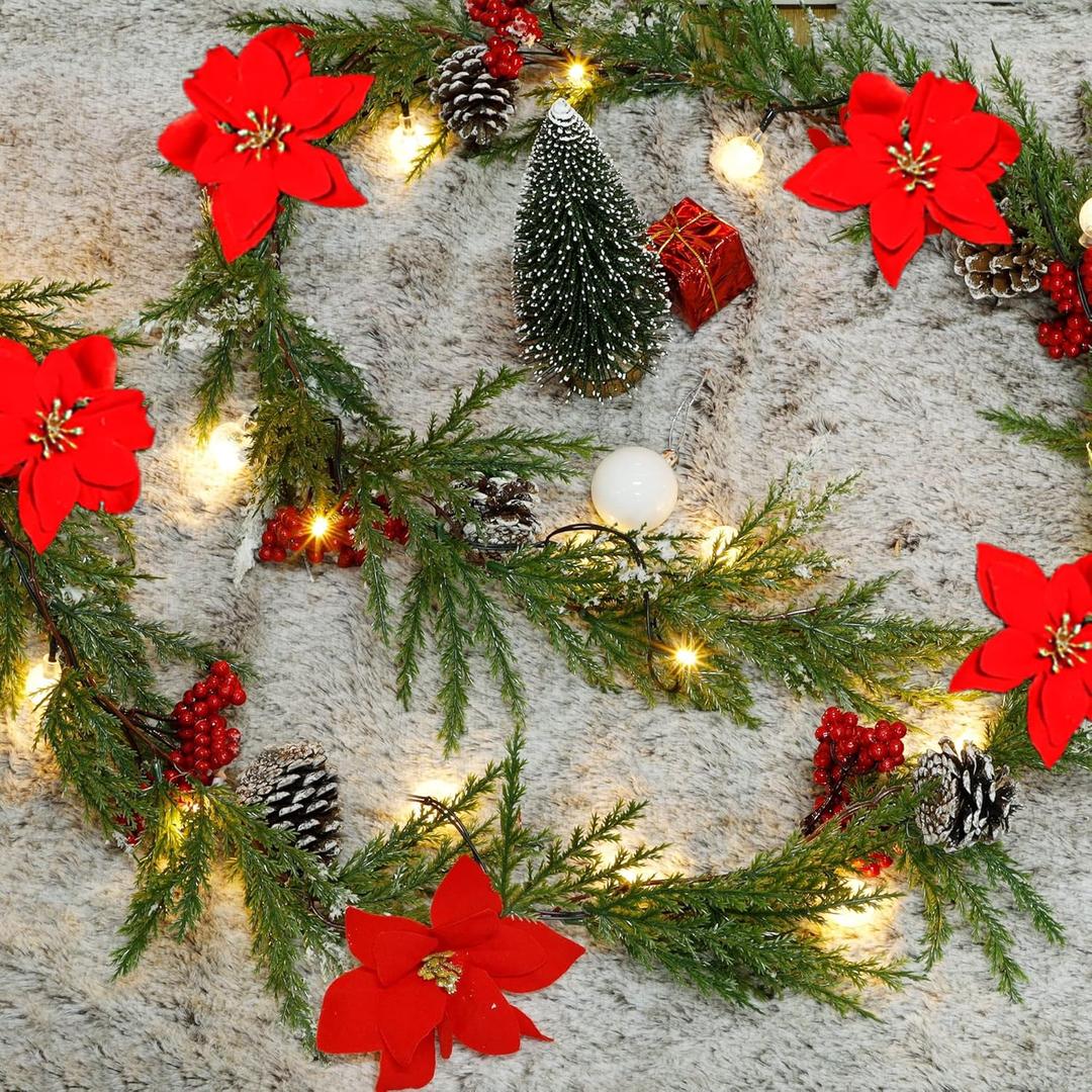 DR.DUDU 6 FT Pre-lit Artificial Christmas Garland with 20 LED Lights, Battery Powered with Pine Cones, Red Berries, Pine Needles, Lighted Christmas Wreath for Holiday Party, Xmas Tree Decorations, Red and Green 