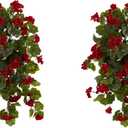 Nearly Natural 29in. UV Resistant Geranium Artificial Hanging Plant, Red Flowers with Green Foliage, Indoor/Outdoor Decor, Set of 2 - Lifelike Home and Garden Enhancement