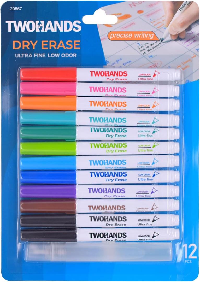TWOHANDS Dry Erase Markers Ultra Fine Tip with Cleaner,0.7mm,Low Odor,Extra Fine Point,11 Assorted Colors,Whiteboard Markers for Office,Home,or Planning Whiteboard,12 Count,20567