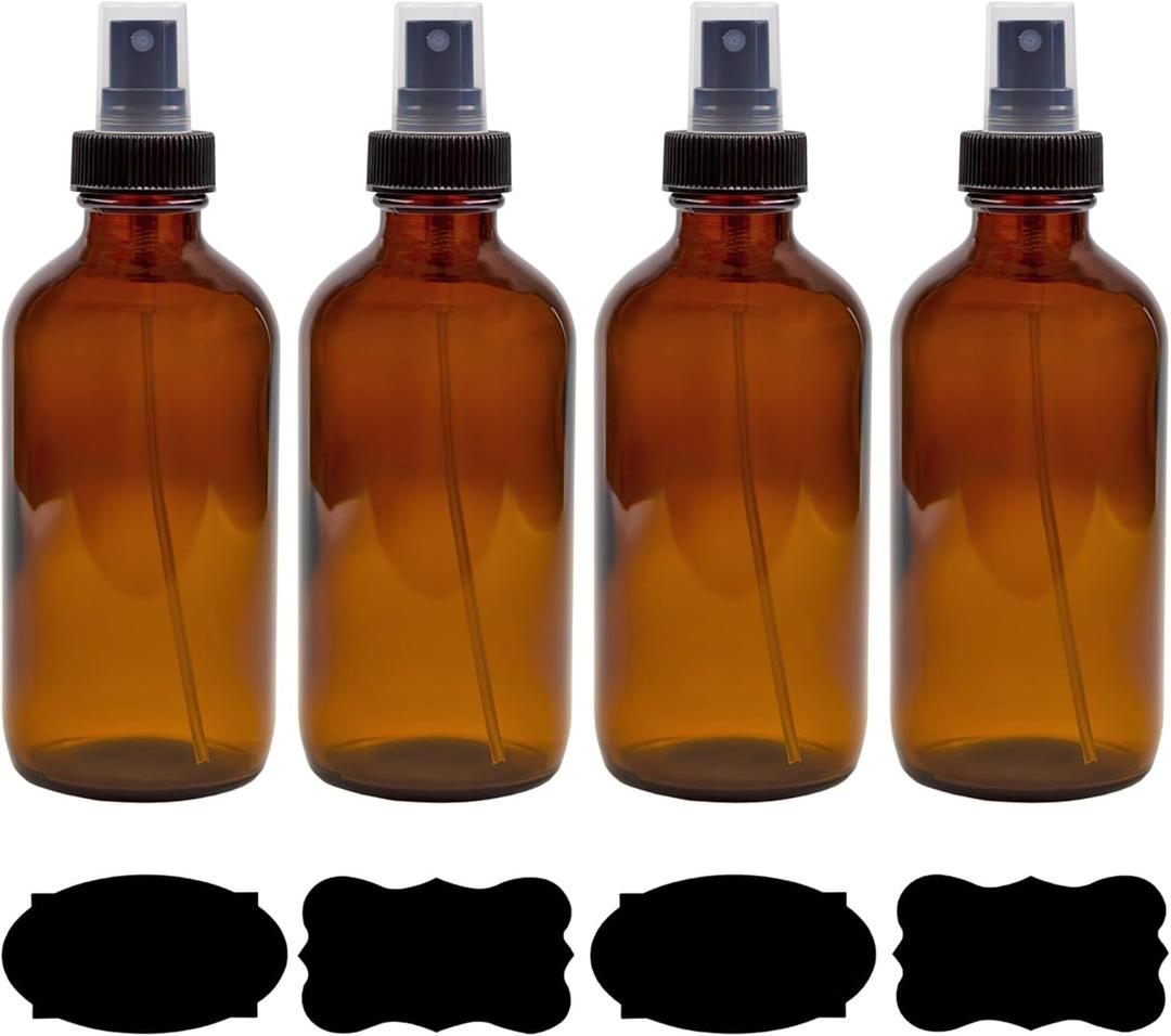 Cornucopia 8-Ounce Amber Glass Fine Mist Spray Bottles (4-Pack); Boston Round w/Atomizer Spritzers for Aromatherapy, Perfume, Cologne, DIY & More