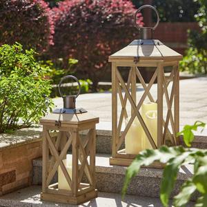 Glitzhome Mondern Farmhouse Wood Metal Lanterns Decorative Hanging Candle Lanterns Set of 2, Natural (No Glass) (Brown)