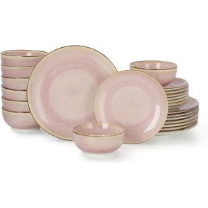 Sweejar 24 Piece Dinnerware Sets for 8, Porcelain Plates and Bowls Set for Kitchen, Housewaring Gift, Chip and Scratch Resistant, Easy Cleaning Dishes Set, Stack Compactly Dishware, Pink