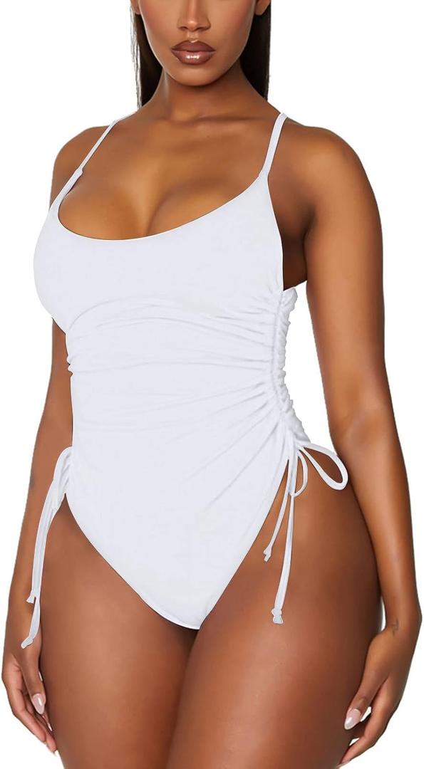 Women's One Piece Swimsuit Tummy Control Ruched Swimwear Cheeky High Cut Monokini Bathing Suit (XX-Large, White)