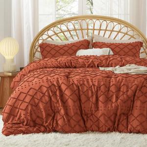Bedsure Queen Comforter Set - Terracotta Comforter, Boho Tufted Shabby Chic Bedding, 3 Pieces Vintage Farmhouse Bed Set for All Seasons, Fluffy Soft Bedding with 2 Pillow Shams