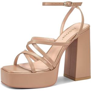 ISNOM Platform Chunky Heels for Women, Block Heel Sandals with Open Square Toe and Ankle Strap 7.5