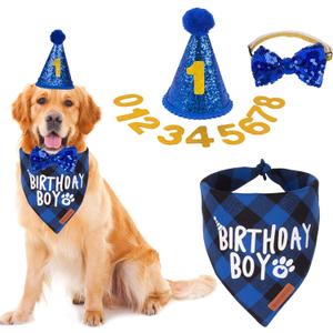 ADOGGYGO Dog Birthday Party Supplies, Multi Size Offered, Blue Dog Birthday Hat Bandana Numbers Bow Set for Large X-Large Dogs Pets (X-Large)
