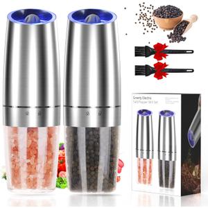Gravity Electric Salt and Pepper Grinder Set, Adjustable Coarseness, Automatic Shakers Mill Grinder with LED Light, Upgraded Larger Capacity, One Hand Operated (Sliver 2 Pack)