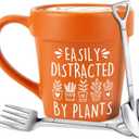 14oz Large Plant Mug With Shovel Spoon & Fork Easily Distracted By Plants Flower Pot Coffee Mug Gardening Mug - Handmade Plant Lover Gifts Idea for Women Grandma Mom Mothers Day Christmas