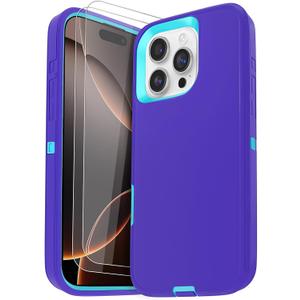 for iPhone 16 Pro Max Case (6.9"), with 2 Tempered Glass Screen Protector [Heavy Duty Military-Grade Full Body Drop Protection] Shockproof Tough Durable 6.9 Inch(PurpleBlue)